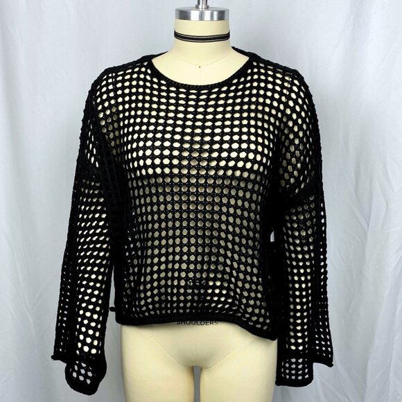 Better Be black gothic openwork crochet knit bell-sleeves crop sweater top NWT - Picture 3 of 7
